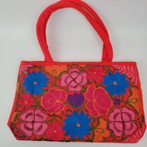 Hand Embroidered Floral Red Beach Boho Handbag Travel Tote Cotton